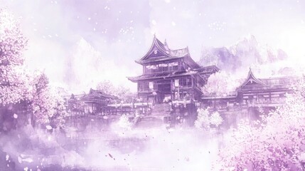 Pale, misty Asian palace, framed by blossoms.