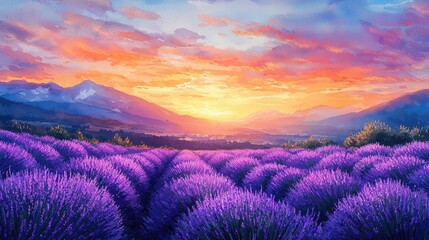 A breathtaking lavender field at sunset, with majestic mountains in the background.  A vibrant display of purples, oranges, and pinks
