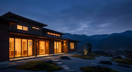 Fototapeta premium Illuminated Mountainside Home: Serene Twilight Architecture