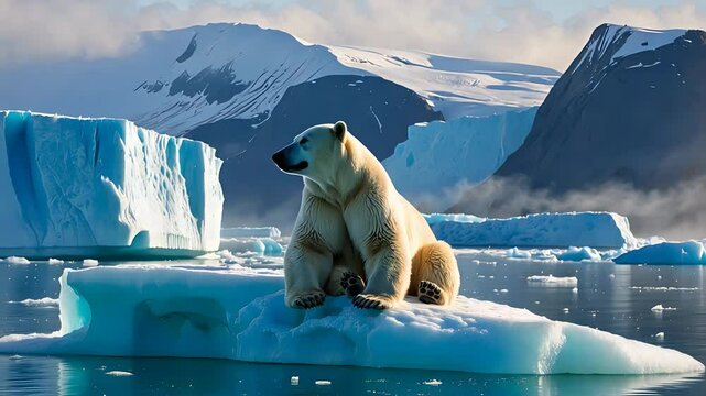 Polar bear resting on ice floe surrounded by melting glaciers and snowy mountains