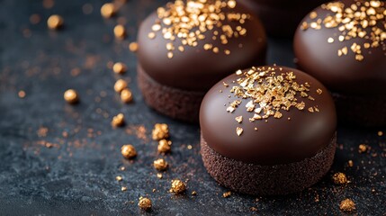 Obraz premium Exquisite dark chocolate cakes adorned with gold flakes
