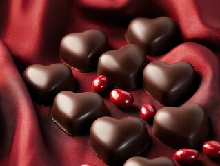 Fototapeta premium A close-up view of heart-shaped chocolate candies adorned with red toppings. elegantly arranged on a rich. burgundy fabric backdrop. ideal for romantic occasions or dessert promotions