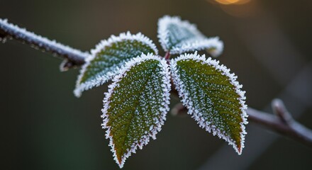 Close-up shot of frost-covered leaves on a branch, showcasing the delicate beauty of nature in winter with a blurred background.