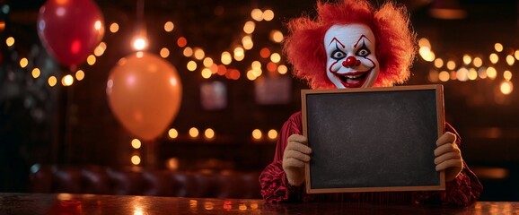 Scary clown holding blank sign