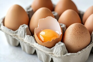 A carton of eggs, one broken open. White eggs in a cardboard container with one egg cracked open, revealing the yolk.