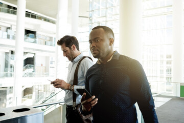 Business people, phone and thinking in airport for travel, international collaboration and contact....