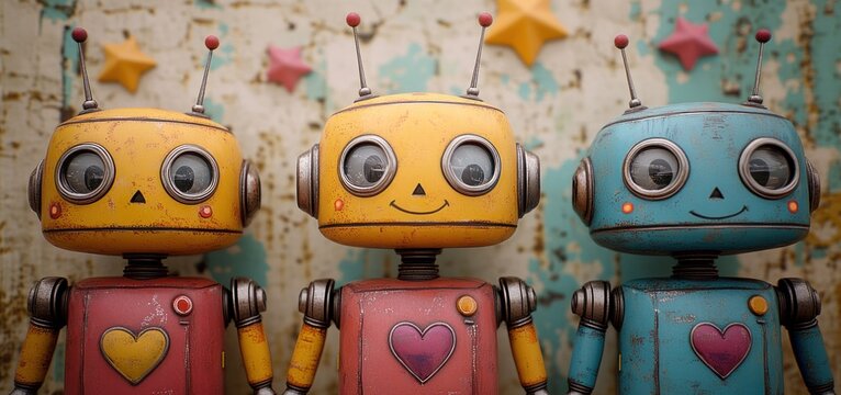 Three Vintage Robots with Hearts: A Digital Art Piece