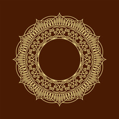 Vector abstract mandala pattern. It consists of symmetrical, circular pattern made up of delicate, gold-colored linework on a rich brown background. Vector floral mandala. Geometric ornamental mandala
