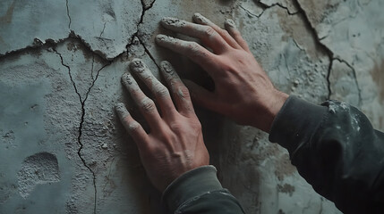 Hands Pressed Against Cracked Wall