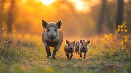 Wild piglets running in golden sunlight