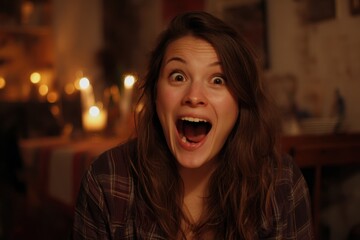 Woman expressing amazement in dimly lit room.