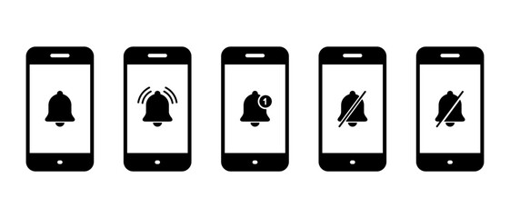 Notification bell on mobile phone icon set collection. Smartphone alarm sign symbol