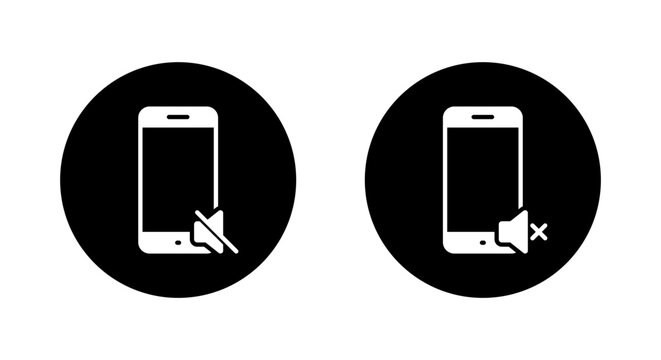 Silent mode phone icon on black circle. Mute speaker smartphone sign symbol