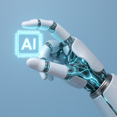 Robotic Arm holding AI Chip in a holographic glow