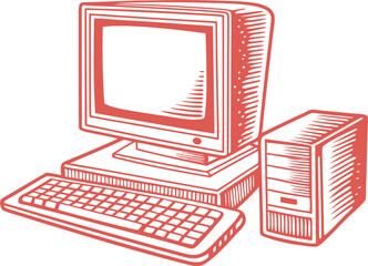 A monochromatic line art illustration of a retro desktop computer setup, including a CRT monitor, keyboard, and tower.