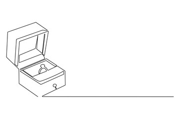 Obraz premium Continuous one line drawing of Opened ring box with ring. Single line drawing illustration of Wedding ring. Married or marriage concept vector art. Doodle line illustration.