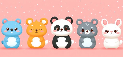 Adorable Cartoon Animals: Panda, Bunny, Mice, and Hamster in a Cute Pink Winter Wonderland