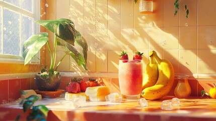 Strawberry banana smoothie on a sunny kitchen counter, surrounded by ice cubes and fresh fruit