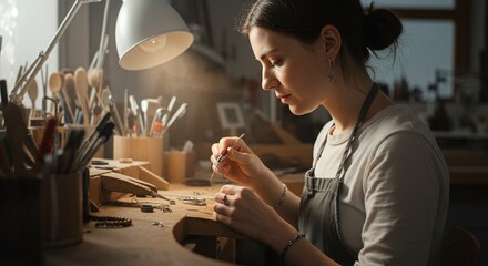 A young artisan crafts delicate jewelry in her workshop, the light illuminating her focused expression and the tools of her trade.