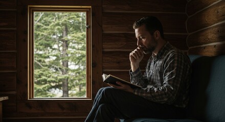 Fototapeta premium Man reading a book by the window of a log cabin, deep in thought, trees visible through the window, creating a cozy, contemplative scene.