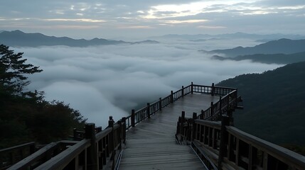 Obraz premium Mountaintop viewing platform above a sea of clouds at dawn.