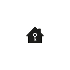 Black house icon with white key silhouette in the center, symbolizing secure access, home safety, private property, or smart lock systems.