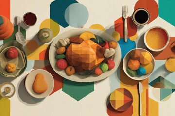 Colorful geometric thanksgiving meal arrangement.