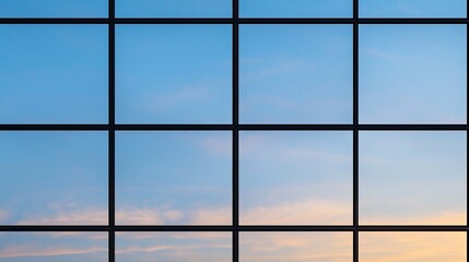 A large grid window frames a clear blue sky with soft clouds and a hint of sunset colors.