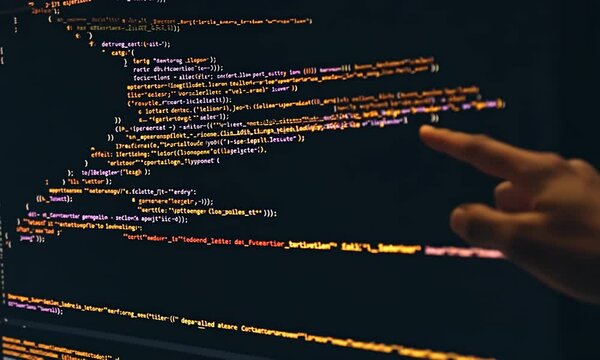 Hand pointing at code on a dark screen, illuminated