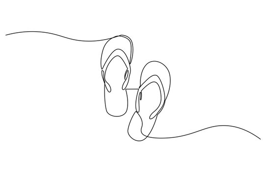 Continuous one line drawing of Flip flops. Single line drawing illustration of flip-flops sandals on the beach. Summer beach concept vector art. Doodle line illustration.