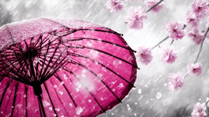 Fototapeta premium Pink umbrella in a gentle rain shower with cherry blossoms.