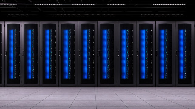 Data Center Server Room Row of Network Equipment Racks for Storage and Information Processing Solutions
