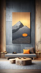 Modern mountain art on wall, zen-like living room