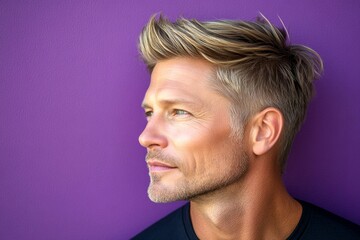 Obraz premium Pattern of style for aging men. Purple solid background. Fashionable men's undercut haircut - midlife white man with blond hair. A trendy and radiant male showcasing style.