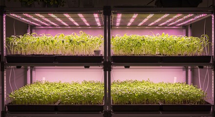 Seedlings grow in shelves under artificial lights. The setup promotes plant growth in a controlled environment. A sustainable indoor gardening setup.