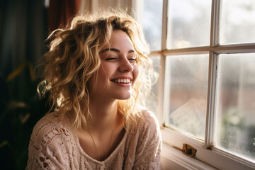 Fototapeta premium On bustling cold day, bustling young blond girl finds contentment and peace of mind as she enjoys her coffee by populous window, radiating happiness and embracing populous mental health day 