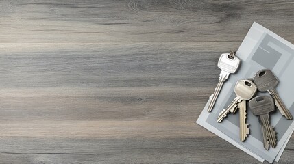 Real estate property investment keys and brochures lying on a modern office desk