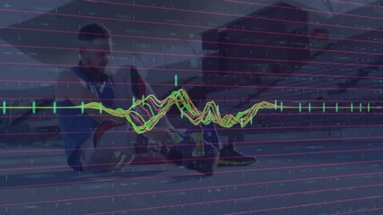 male athlete stretching on stadium floor with headphones, financial charts flowing over bleachers - Powered by Adobe