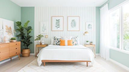 Serene Bedroom Interior: A calming bedroom scene with a wooden bed frame and a lush indoor plant, creating a harmonious balance of nature and modern living.