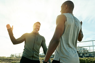 High five, men and celebration for friends, fitness and personal trainer with motivation for client. Outdoor, athlete and people with smile for accomplishment, thank you and success for workout