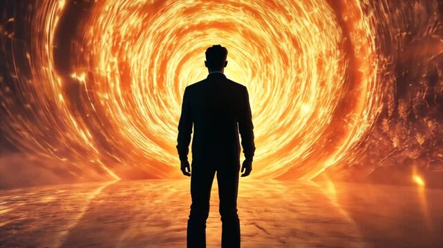 Back view of a man standing in front of huge swirling portal to another dimension. Fantasy parallel world travel concept