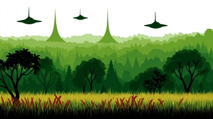 Obraz premium Futuristic Spaceships Over Lush Green Forest Landscape