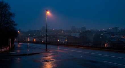 Obraz premium Nightfall Cityscape: Lonely Streetlamp and Misty Urban Scene