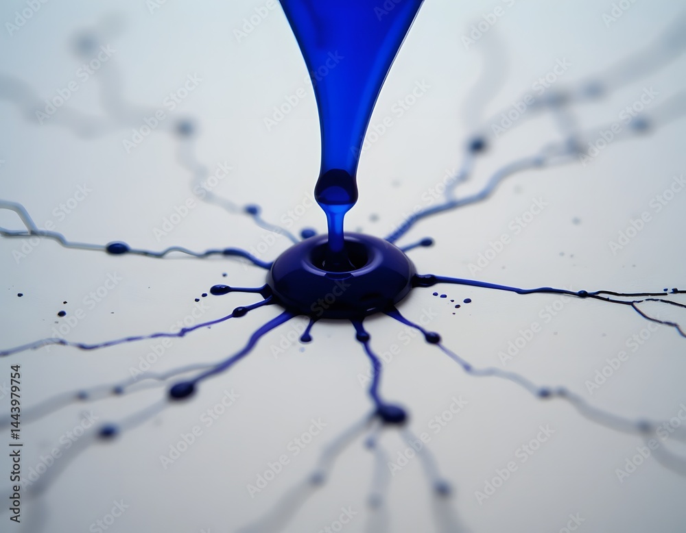 Poster Ink Drop Expansion, A Close Up View. Amazing Capillary Action Unfolds On Paper. A Beautiful Example Of Fluid Dynamics In Action.