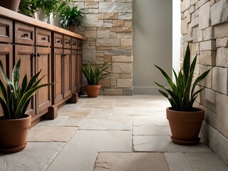 Fototapeta premium Create a Timeless, Rustic Ambience with Natural Stone Floors and Vintage Wooden Cabinets: A Beautiful Combination of Earthy Elegance and Classic Craftsmanship for Your Home