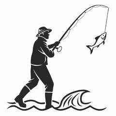 Silhouette Of A Fisherman Catching Fish In The Water Waves Vector Illustration
