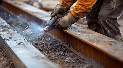 Worker Using Torch to Cut Metal Beam