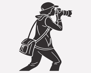 Silhouette Of Photographer Taking Pictures With Professional Camera And Shoulder Bag