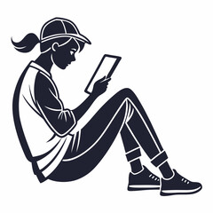 Girl In Casual Wear Reading On A Tablet Sitting Down Style Isolated
