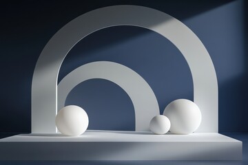 Minimalist white arch display with spheres on a navy backdrop.